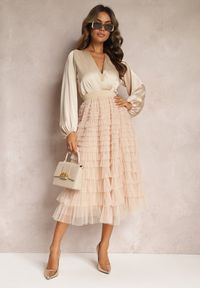 Renee - Beżowa Spódnica Maxi z Rozkloszowanym Dołem Zdobiona Tiulowymi Falbankami Hadlie. Kolor: beżowy. Materiał: tiul. Wzór: aplikacja