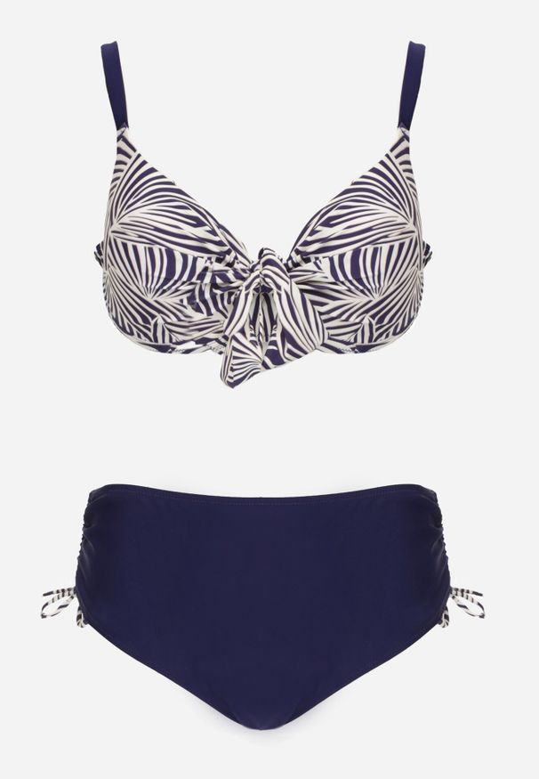 Born2be - Granatowe Bikini Biustonosz z Ozdobnym Wiązaniem i Figi ze Ściągaczami Miraleh. Kolor: niebieski