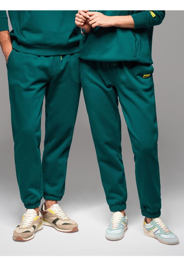 Ombre Clothing - Klasyczne dresowe spodnie unisex ze ściągaczami – ciemnozielone V17. Kolor: zielony. Materiał: dresówka. Wzór: aplikacja. Styl: klasyczny