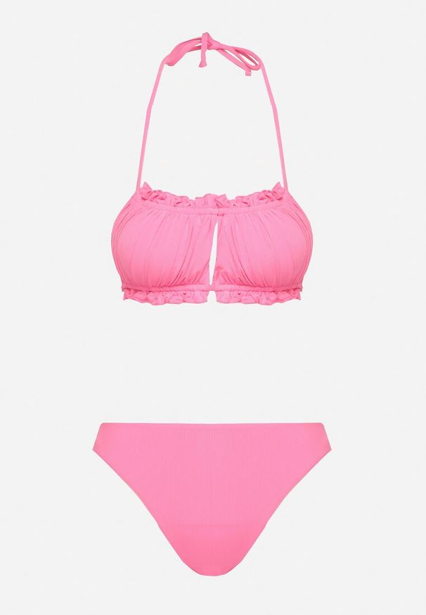 Born2be - Różowe Bikini Wiązany Biustonosz z Marszczeniem Majtki Typu Figi Folilisse. Kolor: różowy. Wzór: aplikacja