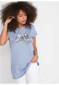 bonprix - Długi shirt z nadrukiem. Kolor: niebieski. Długość: długie. Wzór: nadruk
