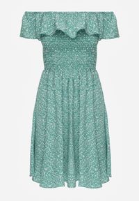 Renee - Zielona Kwiecista Sukienka Hiszpanka z Bawełny z Gumką w Pasie Nevima. Okazja: na co dzień. Typ kołnierza: dekolt hiszpanka. Kolor: zielony. Materiał: bawełna. Sezon: lato. Styl: casual. Długość: mini #5