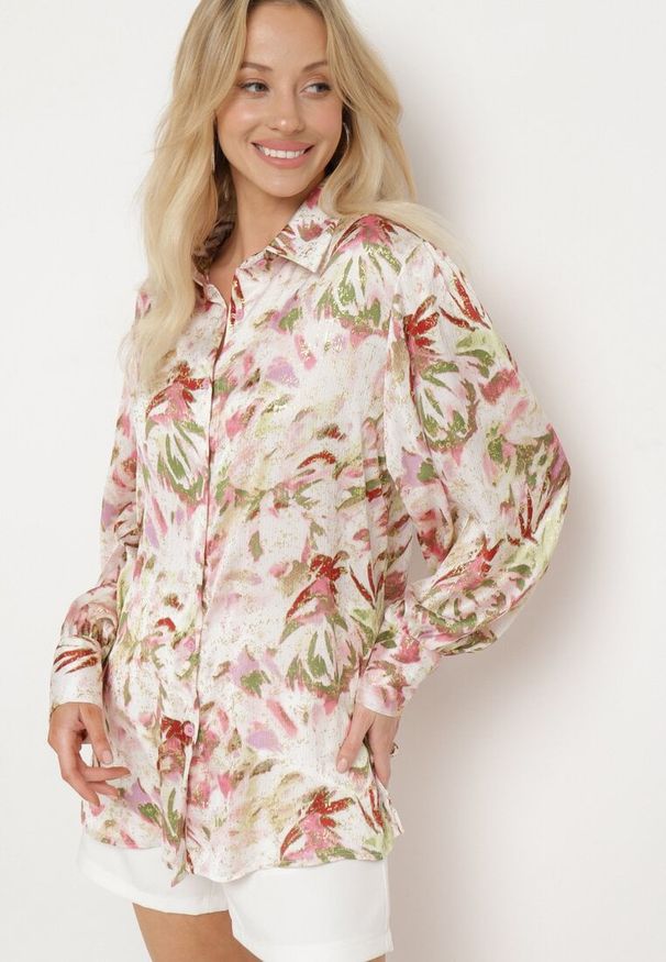 Born2be - Beżowo-Różowa Koszula z Metalicznym Nadrukiem Yalalia. Kolor: beżowy. Materiał: jeans. Wzór: nadruk. Styl: elegancki