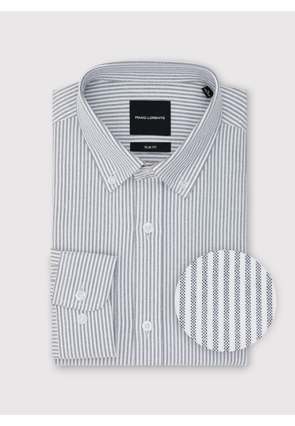 Pako Lorente - PAKO LORENTE – Koszula męska w szary prążek. Typ kołnierza: button down. Kolor: szary. Materiał: bawełna. Długość rękawa: długi rękaw. Długość: długie. Wzór: prążki