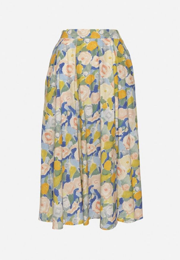 Born2be - Niebieska Rozkloszowana Spódnica z Bawełny w Kwiaty Solzekia. Okazja: na co dzień. Kolor: niebieski. Materiał: bawełna. Wzór: kwiaty. Styl: casual, elegancki