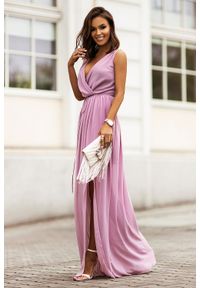 IVON - Długa Suknia Szyfonowa z Dekoltem V - Wrzosowa. Kolor: fioletowy. Materiał: szyfon. Długość: maxi #1