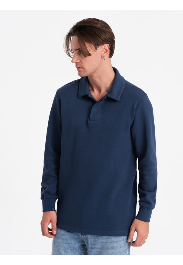 Ombre Clothing - Bluza męska z kołnierzykiem polo ze strukturalnej dzianiny - ciemnoniebieska V5 OM-SSNZ-0149 - XXL. Typ kołnierza: polo. Kolor: niebieski. Materiał: dzianina