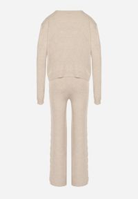 Born2be - Jasnobeżowy Komplet z Wełną i Bawełną Sweter ze Splotem i Szerokie Spodnie Reinettia. Kolor: beżowy. Materiał: wełna, bawełna. Wzór: ze splotem #5