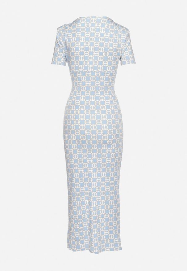 Born2be - Niebieska Dopasowana Sukienka Koktajlowa Ozdobiona Marszczeniem Saarias. Okazja: na co dzień, na imprezę. Typ kołnierza: dekolt w kształcie V. Kolor: niebieski. Materiał: jeans, materiał. Długość rękawa: krótki rękaw. Wzór: aplikacja. Styl: wizytowy