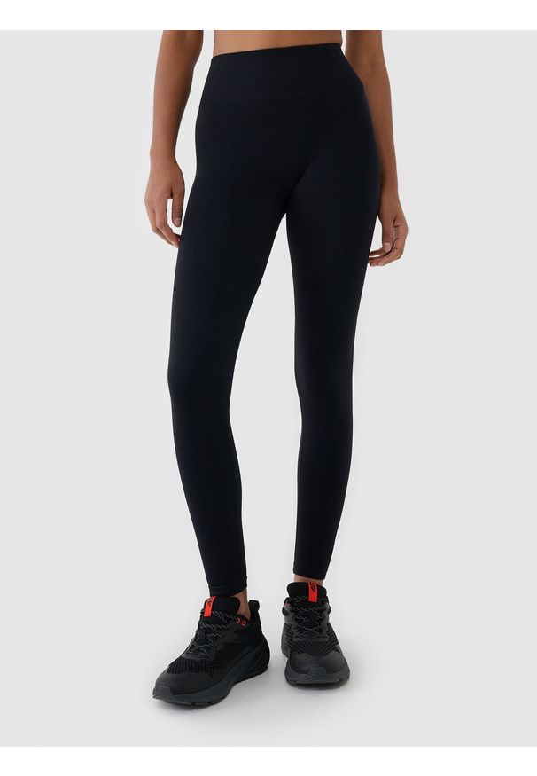 4f - 4F Legginsy treningowe bezszwowe damskie - czarne M/L. Stan: podwyższony. Kolor: czarny. Materiał: materiał, dzianina, syntetyk, włókno, elastan. Wzór: gładki, jednolity, ze splotem. Sport: fitness