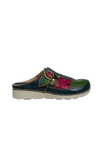 Klapki Laura Vita Dorry 08 Jeans 202031, Granatowy, Skóra naturalna - 38. Kolor: niebieski. Materiał: skóra. Wzór: ażurowy, aplikacja, kolorowy. Obcas: na obcasie. Styl: elegancki. Wysokość obcasa: średni #1