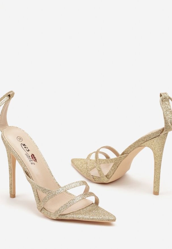 Renee - Złote Wiązane Sandały na Szpilce z Brokatem Asinae. Okazja: na co dzień. Kolor: złoty. Materiał: jeans. Sezon: lato. Obcas: na szpilce. Styl: elegancki, casual