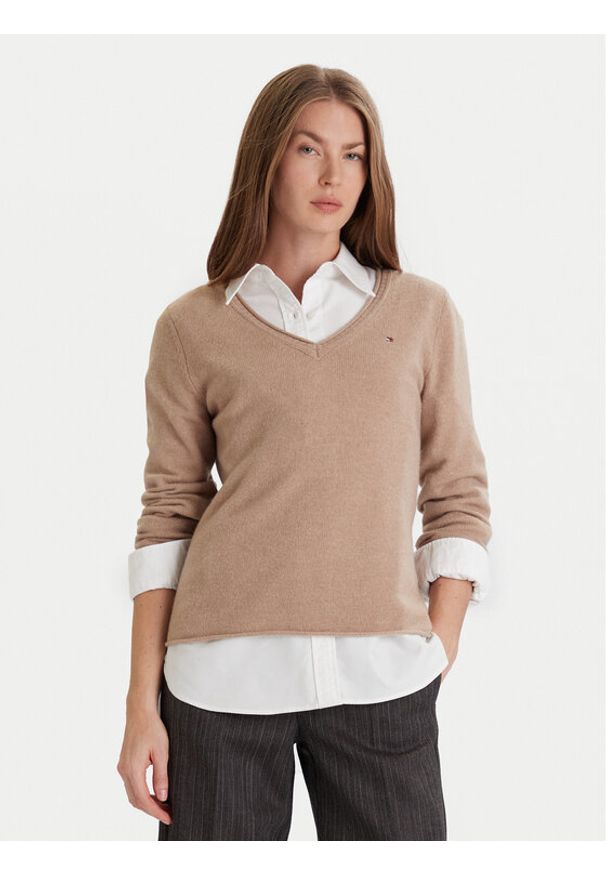 TOMMY HILFIGER - Tommy Hilfiger Sweter WW0WW43505 Beżowy Regular Fit. Kolor: beżowy. Materiał: wełna