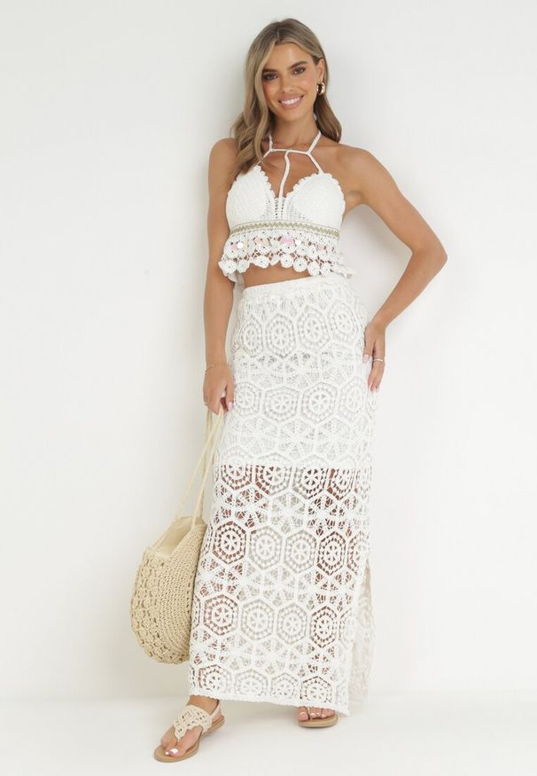 Born2be - Biała Ażurowa Spódnica z Rozcięciem Penelapi. Kolor: biały. Wzór: ażurowy. Styl: boho, elegancki