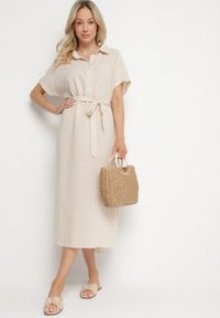Born2be - Beżowa Sukienka z Wiskozy o Koszulowym Kroju z Wiązanym Paskiem Danisna. Okazja: na co dzień. Kolor: beżowy. Materiał: wiskoza. Długość rękawa: krótki rękaw. Wzór: aplikacja. Typ sukienki: koszulowe. Styl: klasyczny, casual, elegancki. Długość: midi #4
