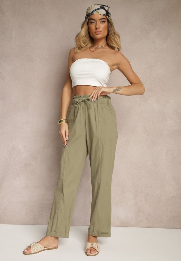 Renee - Ciemnozielone Spodnie z Bawełny High Waist z Wiązaniem Tyswia. Okazja: na co dzień. Stan: podwyższony. Kolor: zielony. Materiał: bawełna. Styl: casual, elegancki