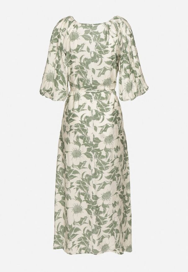 Born2be - Zielono-Biała Rozkloszowana Sukienka z Wiskozy Wykończona Bufiastymi Rękawami Maranea. Okazja: na co dzień. Typ kołnierza: dekolt w serek. Kolor: zielony. Materiał: wiskoza. Typ sukienki: w kształcie A, proste. Styl: klasyczny, casual, elegancki