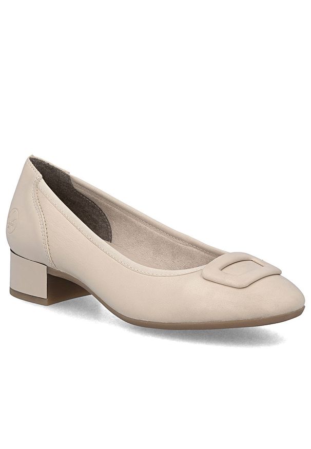 Skórzane czółenka damskie na niskim obcasie beżowe Rieker 43453-62. Kolor: beżowy. Materiał: skóra. Obcas: na obcasie. Wysokość obcasa: niski