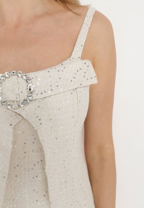 Born2be - Beżowy Błyszczący Komplet Bluzka na Ramiączkach i Spódnico-Spodenki z Cekinami Serivas. Kolor: beżowy