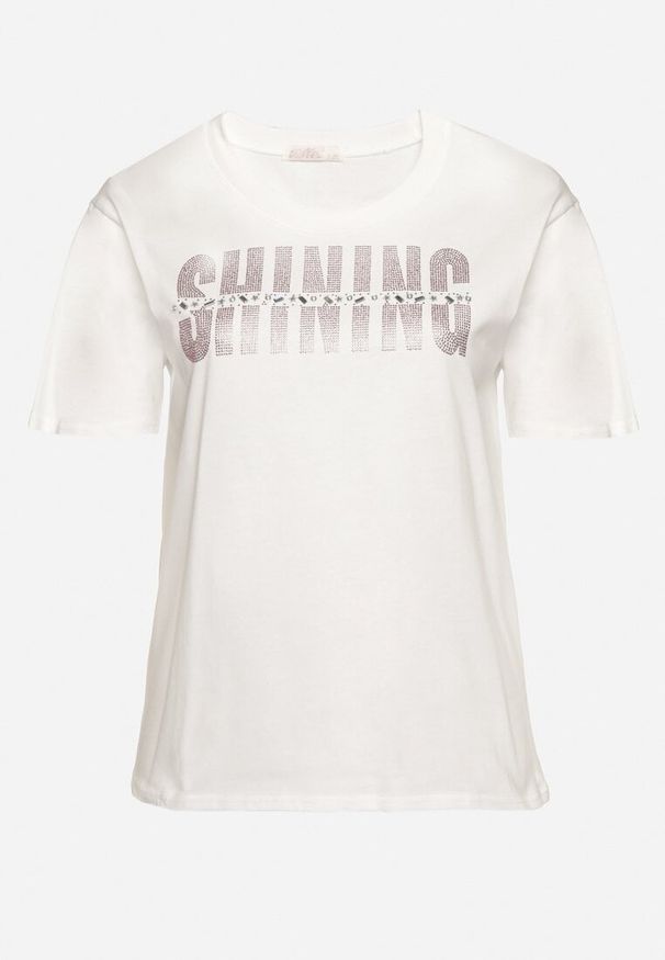 Born2be - Biały T-shirt z Bawełny z Cyrkoniowym Napisem Hirtebia. Okazja: na co dzień. Kolor: biały. Materiał: bawełna. Wzór: napisy. Styl: casual