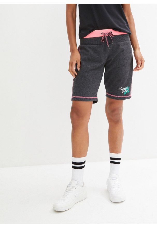 bonprix - Szorty dresowe z materiału z bawełną. Kolor: szary. Materiał: bawełna, materiał, dresówka. Wzór: prążki, haft