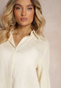 Renee - Beżowy Wiskozowy Komplet Spodnie z Szerokimi Nogawkami i Gumką w Talii Koszula na Guziki Tinamars. Kolor: beżowy. Materiał: wiskoza
