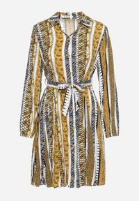 Born2be - Żółta Sukienka Koszulowa z Wiskozy Rozkloszowana z Materiałowym Paskiem Sigina. Okazja: do pracy. Kolor: żółty. Materiał: wiskoza, materiał. Długość rękawa: długi rękaw. Typ sukienki: koszulowe #2