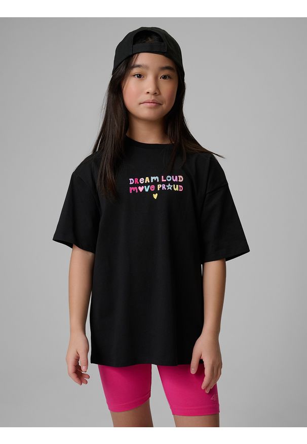 4f - 4F T-shirt loose z nadrukiem dziewczęcy - czarny 158/164 (12-14 lat). Okazja: na spacer, na co dzień, na uczelnię. Kolor: czarny. Materiał: dzianina, bawełna, skóra, materiał. Wzór: nadruk. Sezon: lato. Styl: casual