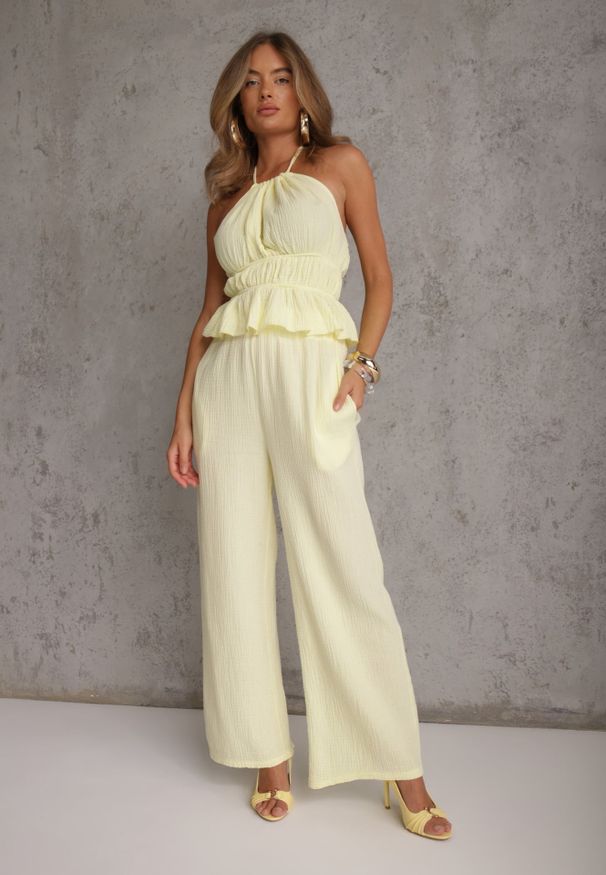 Renee - Żółty Letni Komplet z Bawełny Spodnie Wide Leg i Bluzka Halter z Wiązaniem Apomeda. Kolor: żółty. Materiał: bawełna