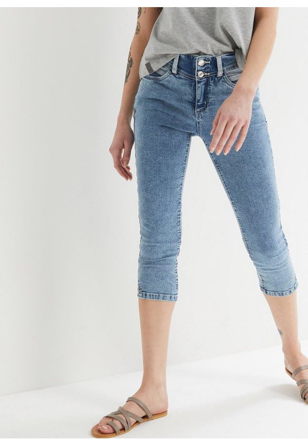 bonprix - Dżinsy Skinny ze stretchem, mid waist, dł. za kolano. Kolor: niebieski. Długość: krótkie