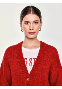 Big-Star - Kardigan damski z dodatkiem wełny czerwony Kardila 603. Okazja: do pracy, na spacer, na co dzień, na spotkanie biznesowe. Kolor: czerwony. Materiał: wełna. Wzór: ze splotem. Styl: casual, klasyczny, biznesowy #5