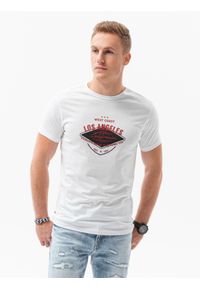 Ombre Clothing - T-shirt męski z nadrukiem S1434 V-21B - biały - XXL. Kolor: biały. Materiał: bawełna. Wzór: nadruk