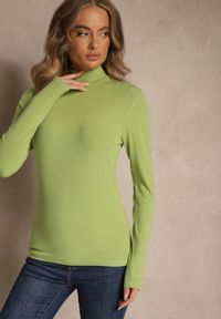 Renee - Zielona Casualowa Bluzka z Golfem Longsleeve Ralaia. Okazja: na co dzień. Typ kołnierza: golf. Kolor: zielony. Materiał: jeans. Długość rękawa: długi rękaw. Styl: casual #4
