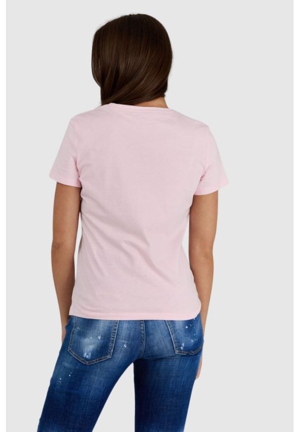 Guess - GUESS Różowy t-shirt damski z trójkątnym logo, Rozmiar S. Kolor: różowy. Wzór: nadruk