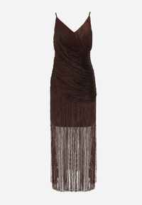 Renee - Brązowa Sukienka Koktajlowa na Ramiączkach Zdobiona Frędzlami Wilinsia. Okazja: na wesele, na imprezę, na ślub cywilny. Kolor: brązowy. Długość rękawa: na ramiączkach. Wzór: aplikacja. Styl: wizytowy #2