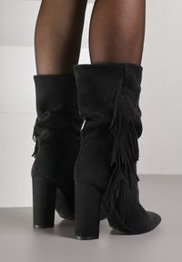 Renee - Czarne Botki Kowbojki na Słupku z Frędzlami Reisetia. Kolor: czarny. Materiał: jeans. Obcas: na słupku. Styl: elegancki