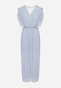 Born2be - Jasnoniebieski Plisowany Kombinezon z Szerokimi Nogawkami i Wiązanym Paskiem Audra. Okazja: na co dzień. Kolor: niebieski. Sezon: wiosna, lato. Styl: casual, elegancki #3