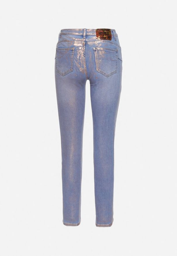 Born2be - Jasnoniebieskie Jeansy Skinny z Bawełny Ozdobione Złotą Farbą Taidda. Kolor: niebieski. Wzór: aplikacja. Styl: elegancki