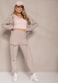 Renee - Beżowy Komplet Dresowy Utility Bluza Rozpinana i Spodnie z Kieszeniami Telinoria. Kolor: szary. Materiał: dresówka. Wzór: aplikacja #5