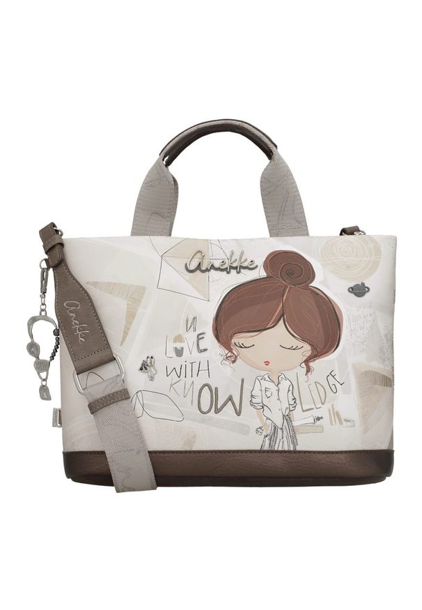 Torebka damska Anekke, z dekoracyjnym nadrukiem i metalowym logo z podwójną rączką oraz regulowanym paskiem zapinana na zamek, brązowa, 42801-222. Kolor: brązowy. Wzór: nadruk. Styl: elegancki, casual. Rodzaj torebki: na ramię