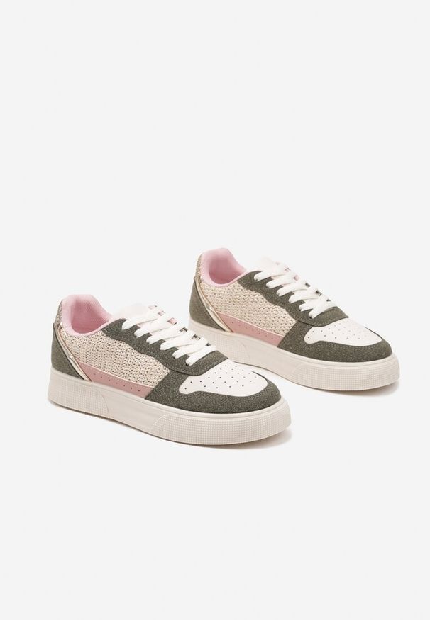 Renee - Beżowo-Zielone Sneakersy na Platformie Ozdobione Plecionką Perforacją i Brokatem Tulreia. Kolor: beżowy. Materiał: jeans. Wzór: aplikacja. Obcas: na platformie