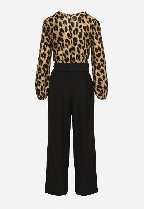 Born2be - Brązowo-Czarny Kombinezon w Panterkę z Szerokim Paskiem Vaison. Okazja: na co dzień. Kolor: brązowy. Długość rękawa: długi rękaw. Długość: długie. Wzór: motyw zwierzęcy. Styl: casual, klasyczny