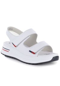 Sandały damskie na koturnie na rzep białe eVento 9999. Zapięcie: rzepy. Kolor: biały. Materiał: skóra ekologiczna. Sezon: lato. Obcas: na koturnie #1