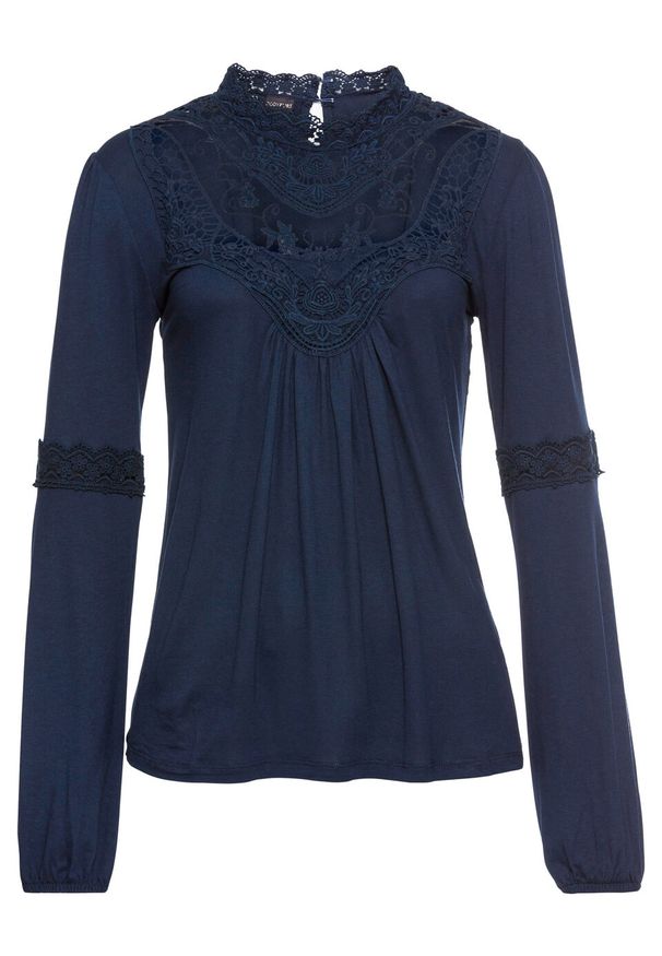 Shirt z koronką i długim rękawem bonprix ciemnoniebieski. Typ kołnierza: kołnierzyk stójkowy. Kolor: niebieski. Materiał: koronka. Długość rękawa: długi rękaw. Długość: długie. Wzór: koronka