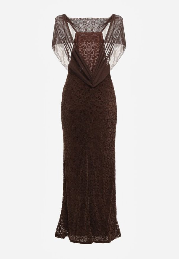 Renee - Brązowa Sukienka o Asymetrycznym Kroju Ozdobiona Falbaną Owedia. Kolor: brązowy. Materiał: poliester. Wzór: aplikacja. Typ sukienki: asymetryczne. Styl: elegancki