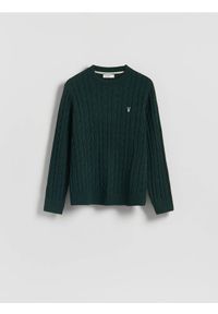 Reserved - Sweter z warkoczowym splotem - ciemnozielony. Kolor: zielony. Materiał: bawełna, dzianina. Wzór: ze splotem