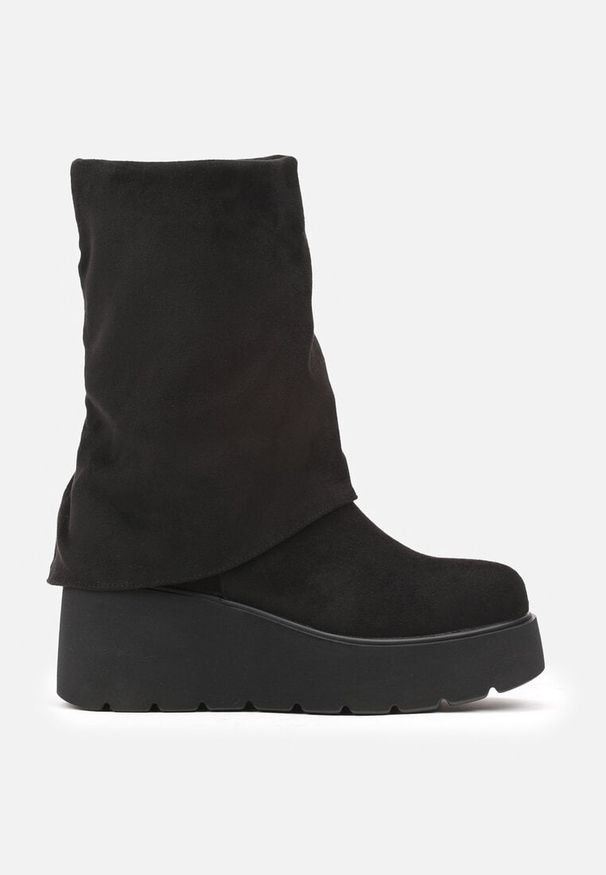 Born2be - Czarne Ocieplane Botki na Koturnie z Wywiniętą Cholewką Vamila. Okazja: na co dzień. Kolor: czarny. Materiał: jeans. Szerokość cholewki: normalna. Obcas: na koturnie. Styl: casual, elegancki