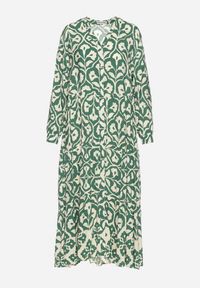 Born2be - Zielono-Beżowa Sukienka w Ornamentalny Wzór o Koszulowym Fasonie Venleia. Kolor: zielony. Wzór: aplikacja, kwiaty. Typ sukienki: koszulowe