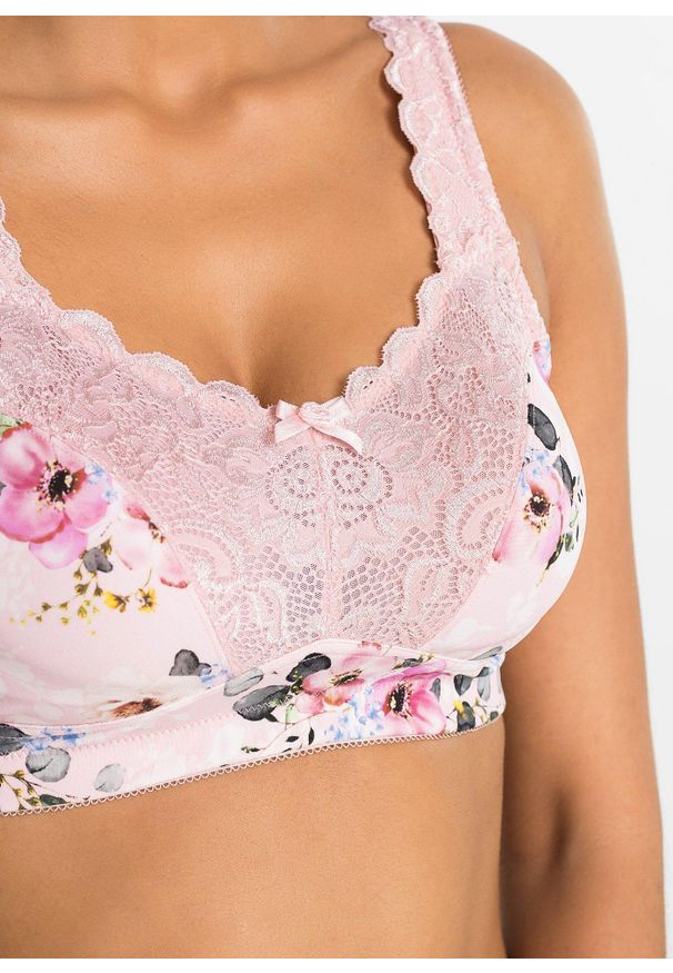 bonprix - Biustonosz minimizer bez fiszbinów z wyściełanymi ramiączkami. Kolor: różowy. Materiał: poliamid. Wzór: aplikacja, kwiaty