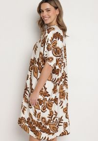 Born2be - Brązowa Sukienka z Lnem i Wiskozą Ozdobiona Cyrkoniami Sadelune. Okazja: na co dzień. Typ kołnierza: dekolt w serek. Kolor: brązowy. Materiał: len, wiskoza. Wzór: aplikacja. Styl: klasyczny, casual, elegancki #5